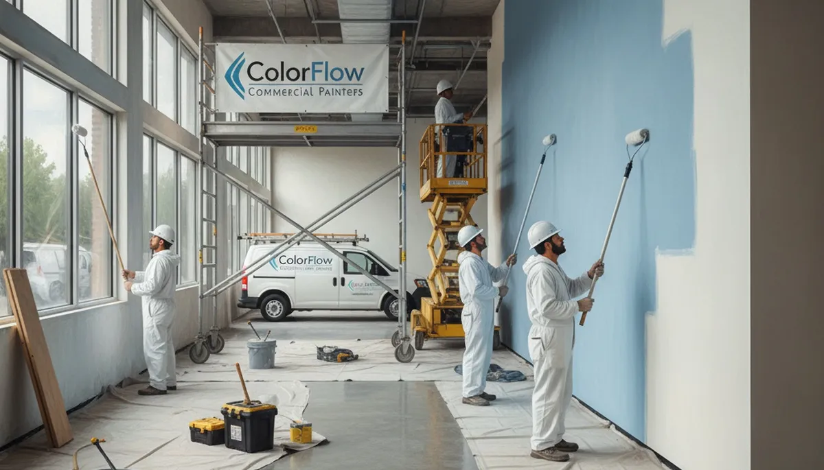 Commercial painting crew in Greensboro, NC applying durable exterior coatings on a commercial building